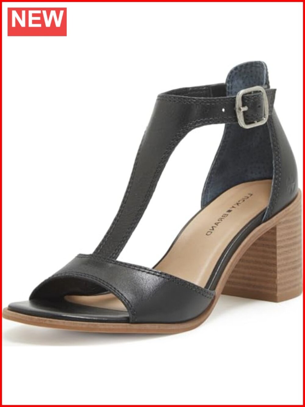Leather Heeled Sandals with Stacked Heel and Open Round Toe